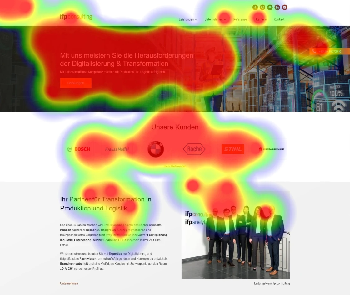 Eye-Tracking-Heatmap des überarbeiteten ifp-consulting-Auftritts mit Blickschwerpunkten auf Einstiegsbotschaft und Kundenreferenzen